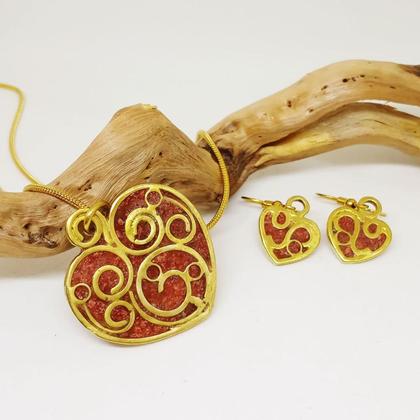 Herzkette Koralle mit Goldbronze und vergoldeter Schlangenkette - Image 4