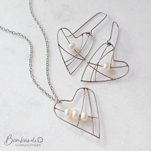 Schmuckset Herzanhänger & Ohrpendel mit Perlen