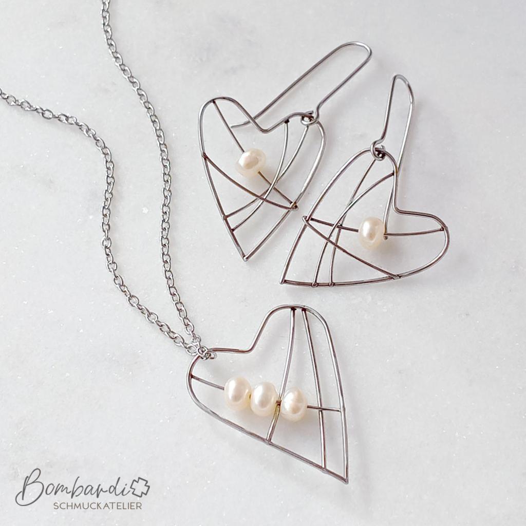 Schmuckset Herzanhänger & Ohrpendel mit Perlen