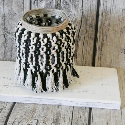 Makramee Teelichtglas "schwarz-weiß"