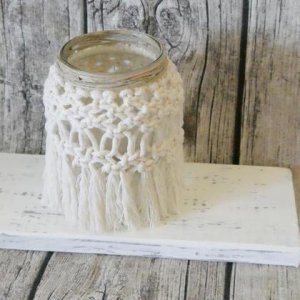 Makramee Teelichtglas groß „weiß“