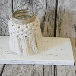 Makramee Teelichtglas mittel „weiß“