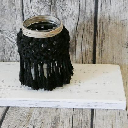 Makramee Teelichtglas mittel "schwarz 1"