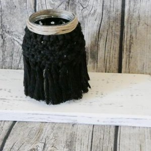 Makramee Teelichtglas mittel „schwarz 2“