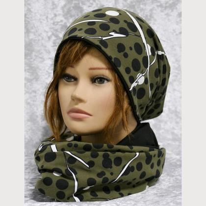 Kombi Wendehaube und Loop Punkte Muster olive