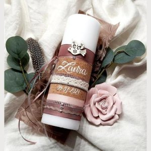 TAUFKERZE/Tischkerze „LAURA“ inkl. Untersetzer