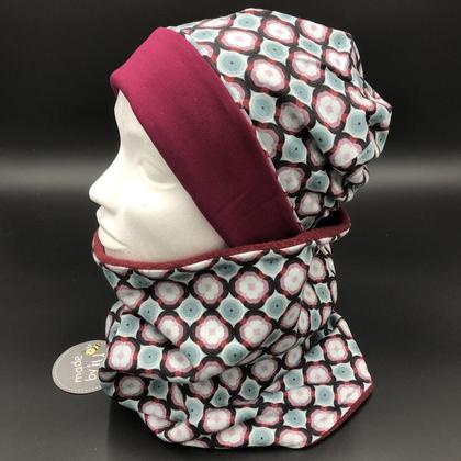 DAMEN- SET (WENDEHAUBE+XXL-LOOPSCHAL) "Muster grau/dunkelmint/weinrot/zartpink" - Image 2