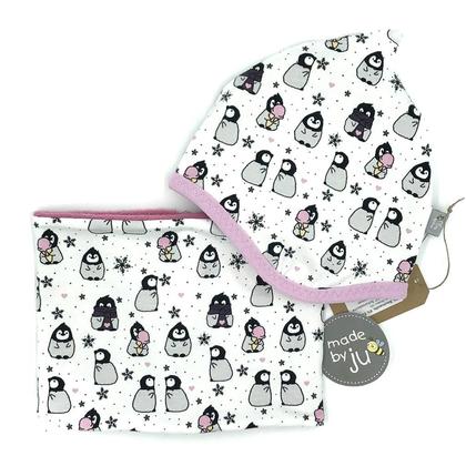 SET WINTER- HAUBE + LOOPSCHAL  (Größe wählbar) - Pinguine rosa