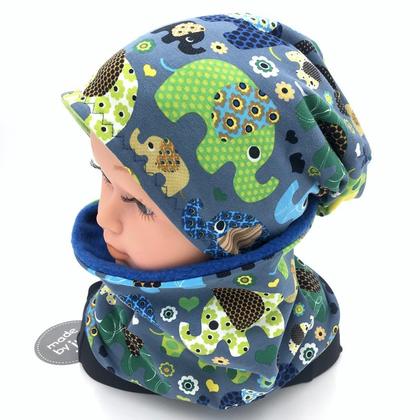 SET HAUBE + LOOPSCHAL - ELEFANTEN blau (Ausführung und Größe wählbar)