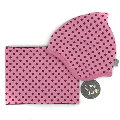 SET WINTER- HAUBE + LOOPSCHAL - PUNKTE ROSA (Größe wählbar)