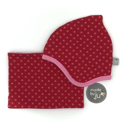 SET WINTER- HAUBE + LOOPSCHAL - PUNKTE DUNKELPINK (Größe wählbar)