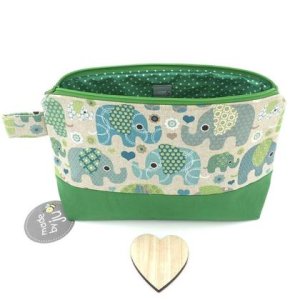KOSMETIKTASCHE/NECESSAIRE – Elefanten beige/grün