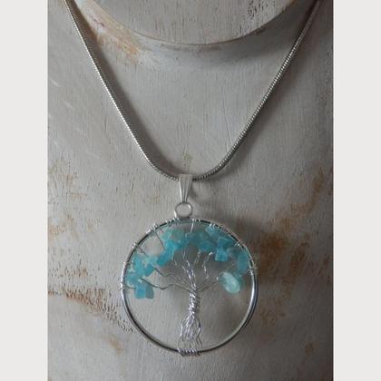 Halskette Edelstahl - Lebensbaum - Topas (blau)