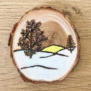 Winterlich verzierte Astscheibe – 2 Bäume & Sonne