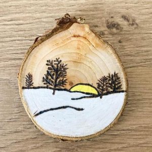 Winterlich verzierte Astscheibe mit 4 Bäumen & Sonne