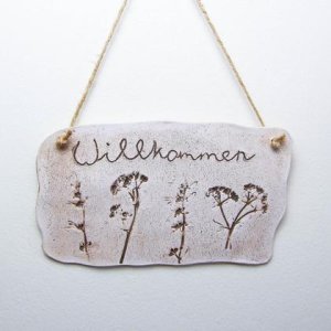 Keramik-Pflanzendruck-Bild „Willkommen“