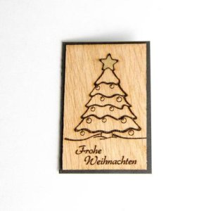 Kleine Holz-Weihnachtskarte „Frohe Weihnachten & Tannenbaum“ mit Blattgoldstern