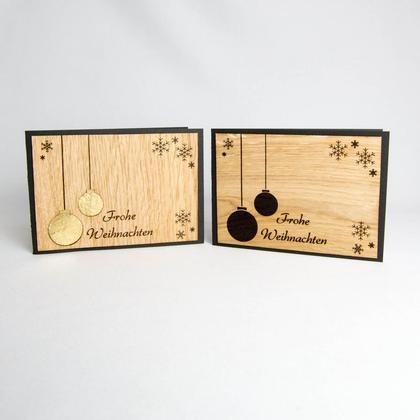Holz Weihnachtskarte "Frohe Weihnachten" mit Blattgold-Christbaumkugeln