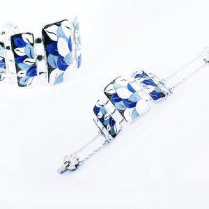 Armband „Blätter“ von Cloisonne Enamel,Handarbeit, Unikat,Silber