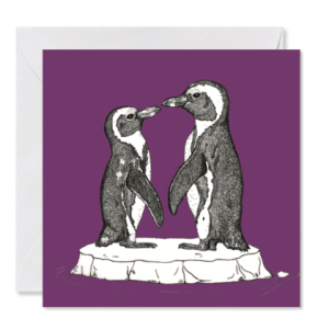 GRUSSKARTE *Liebende Pinguine, lila* , 14 x 14 cm