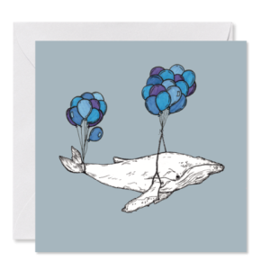 GRUSSKARTE blau *Wilfried, der fliegende Wal* , 14 x 14 cm