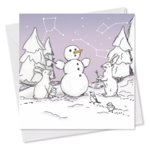 MINI-GRUSSKARTE *Weihnachten* Hasen mit Schneemann, 9×9 cm