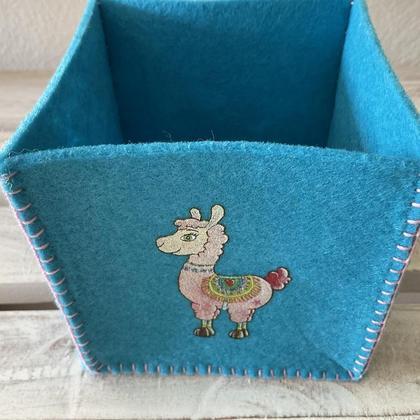 Aufbewahrungsbox klein aus Filz türkis mit Lama