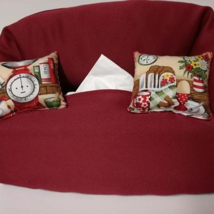 Taschentuchsofa (weinrot mit Frühstücksmotiven)