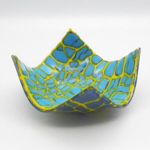 Glasschale Crackle blau/gelb