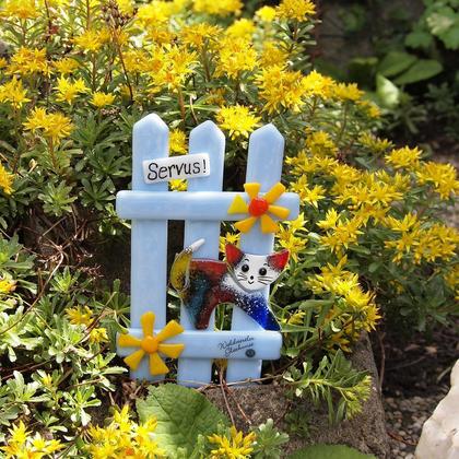 Gartenstecker "Deko-Zaun mit Katze" hellblau