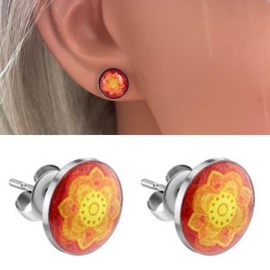 Ohrstecker mit Glaskuppel ‚orange mandala‘