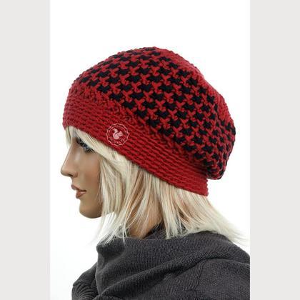 Haube - "Marlene" rot/schwarz