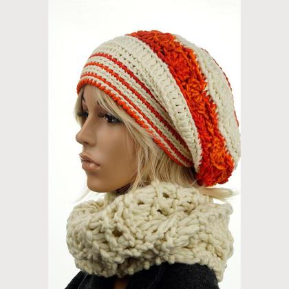 Haube - Lea - naturweiß mit hellrot und orange