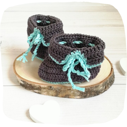 Babyschuhe gehäkelt anthrazit - türkis 0-3 Monate