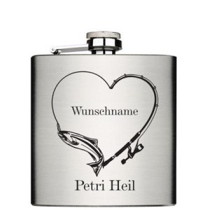 Petri Heil und Wunschname Flachmann 6oz mit Lasergravur