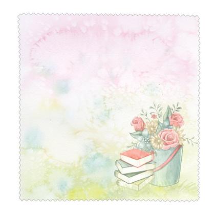 Pastellfarbenes Brillenputztuch Glasreinigungstuch Bücher Blumen im Kübel