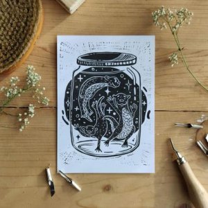 Linoldruck „Jar of Otters“ A5