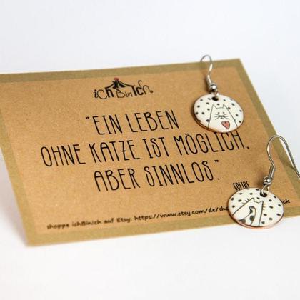 Emaille Ohrringe mit Katzen, Katzen Ohrringe, Ohrringe rund mit Punkten - Image 4