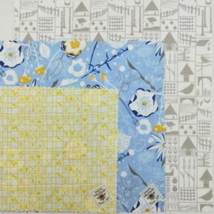 Bienenwachstuchset 3er Muster grau blaue Blume Stricherl gelb S+M+L