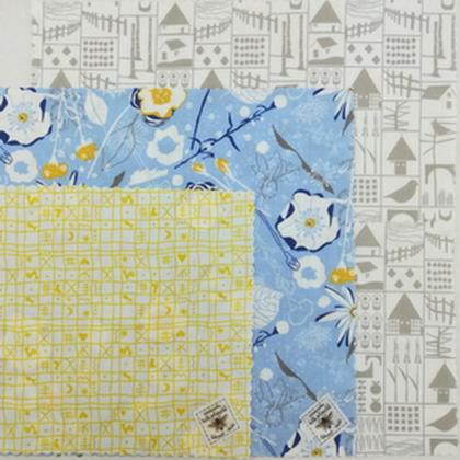 Bienenwachstuchset 3er Muster grau blaue Blume Stricherl gelb S+M+L