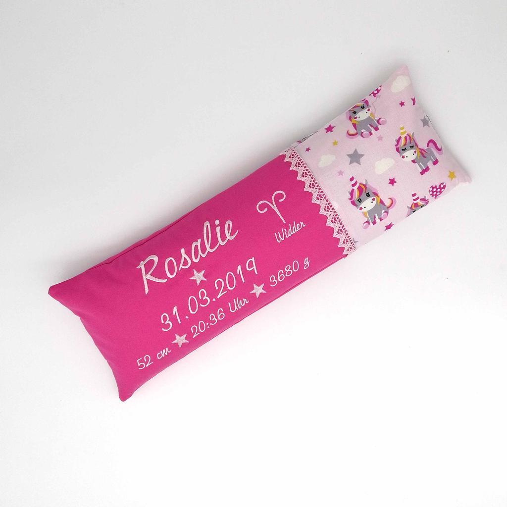 Geburtskissen/Erinnerungskissen Einhörner mit Echtmaßen/Geschenk zur Geburt Baby