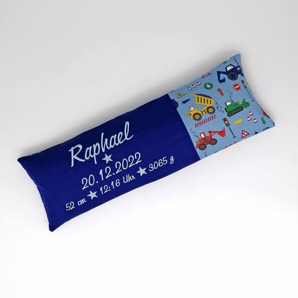 Geburtskissen/Erinnerungskissen Bagger mit Echtmaßen/Geschenk zur Geburt Baby
