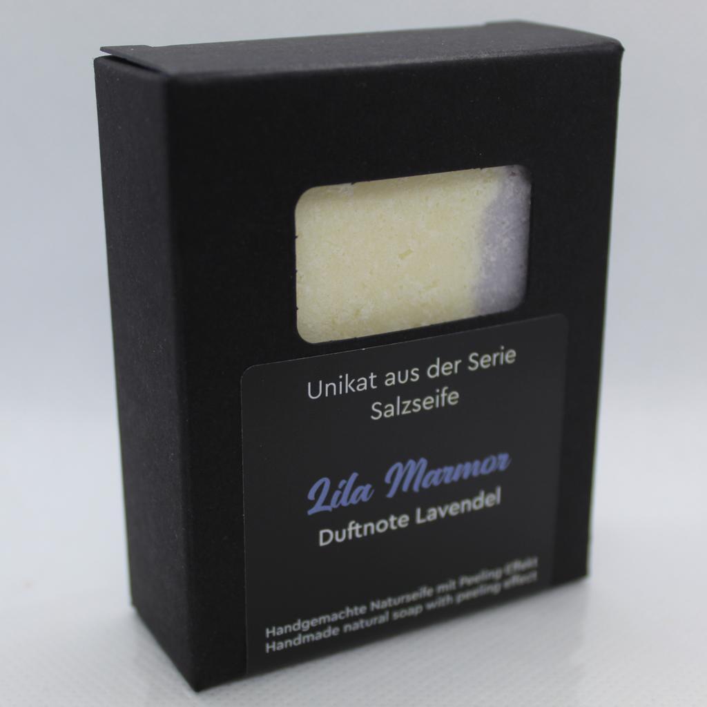 Naturseife Salzseife Lila Marmor mit Duftnote Lavendel. Peelingseife