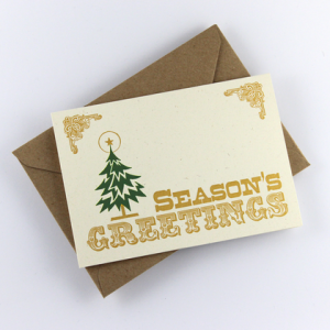 Weihnachtskarte „Season’s Greetings“, Weihnachtsbaum, vintage, Golddruck