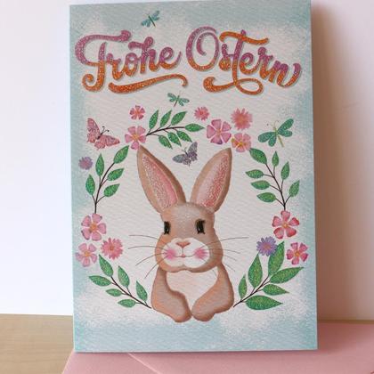 Osterkarte Klappkarte Osterhase Frohe Ostern Blumenkranz