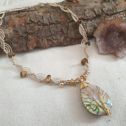 Abalone - Tigerauge Halskette 'Lebensbaum'