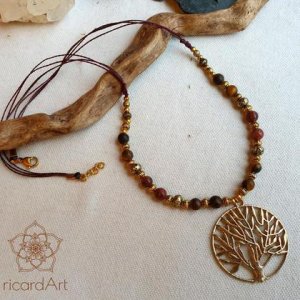 Halskette ‚Lebensbaum‘ mit Tigerauge & rotem Jaspis