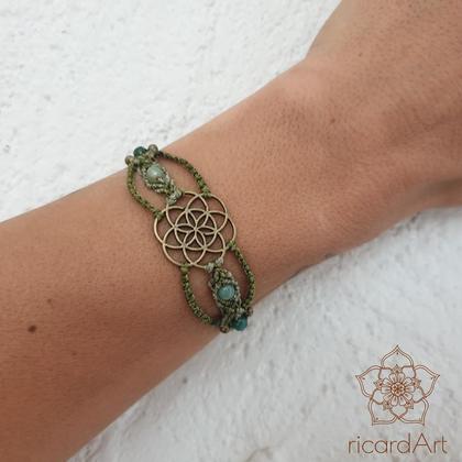 Makrameearmband 'Lebensblume - Moosachat'