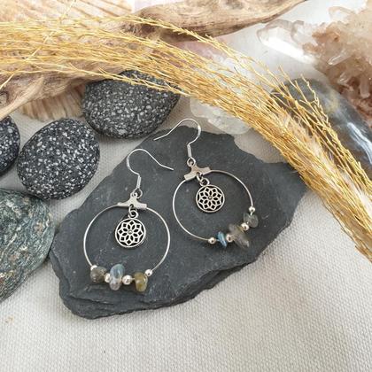 Labradorit Creolen 'Mandalaflower' (Edelstahl/925 Silber)