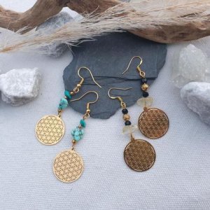 Lebensblume Ohrringe Türkis/Citrin-Lava